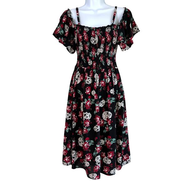 Almost Famous Sugar Skull Rose Print Smocked Dress Size Medium Whimsigoth Witchy - Picture 1 of 9